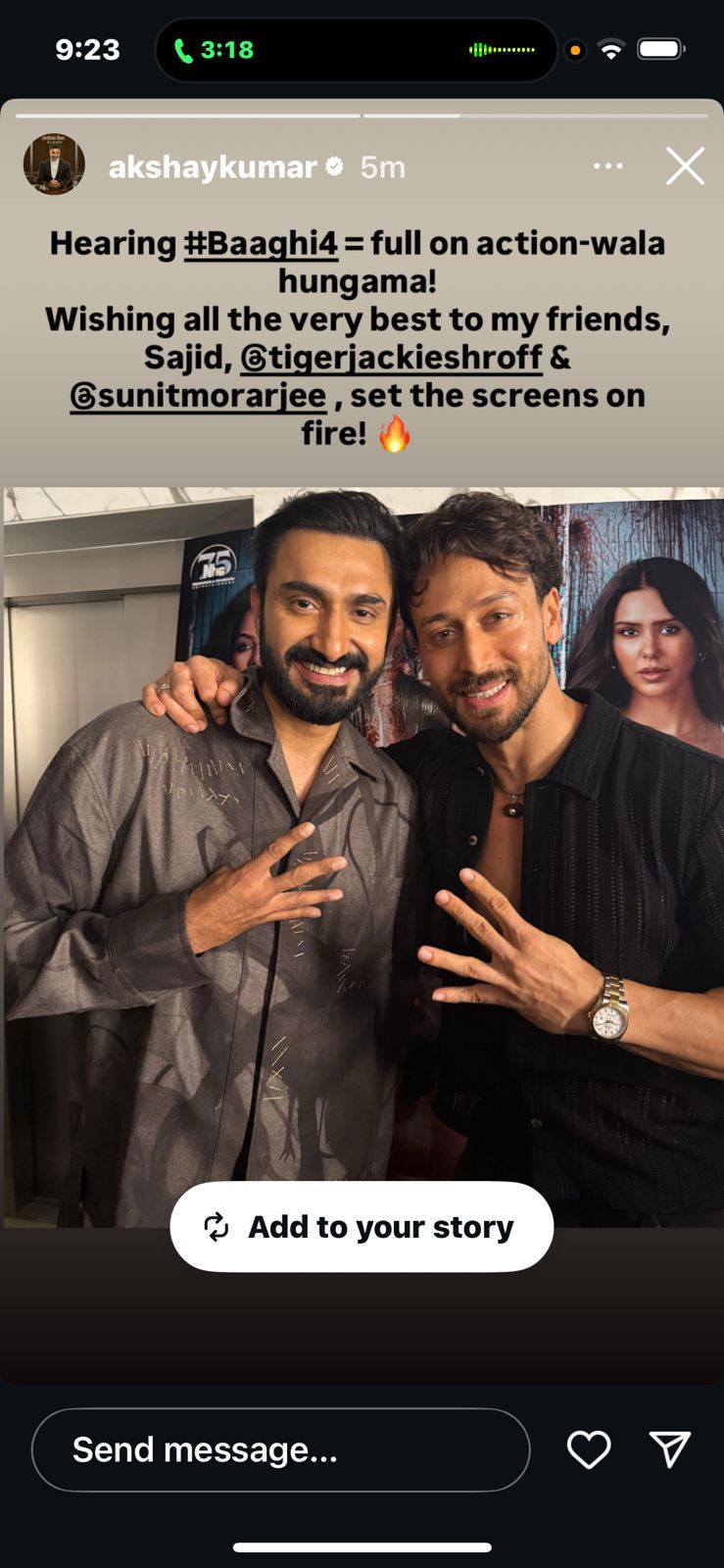 Akshay Kumar Gives a Huge Shoutout to Tiger Shroff and Sunit Morarjee as Baaghi 4 Releases in Theatres, Says ‘Set the screens on fire’ Akshay Kumar Hypes Baaghi 4 Duo Tiger Shroff and Sunit Morarjee as the Film Hits the Big Screens Baaghi 4 is out in the theatres and it brings back the hit duo, Tiger Shroff and Sunit Morarjee, under one roof once again in the fourth installment of the hit action franchise. Upon the film’s release, Akshay Kumar gave a heartfelt shoutout to Ronny and Sharad Kute, aka Tiger and Sunit, and extended his best wishes. Akshay took to his social media handle to share a click featuring Tiger and Sunit in one frame, and accompanied it with a note, “Hearing #Baaghi4 = full on action wala hungama! Wishing all the very best to my friends, Sajid @tigerjackieshroff & @sunitmorarjee - set the screens on fire” The audiences are undoubtedly excited to watch the Baaghi duo collaborate once again, and Akshay Kumar’s shoutout has fired up the excitement several notches. Baaghi 4 marks the third collaboration between Tiger and Sunit, and interestingly, the two have continued to remain the common link from the second installment of the franchise. Baaghi 4 is directed by A Harsha and produced by Sajid Nadiadwala, and in addition to Tiger and Sunit, the film also stars Sanjay Dutt, Sonam Bajwa and Harnaaz Sandhu in key roles. The film is rolling out in the theatres, and it makes for a perfect action-filled watch!